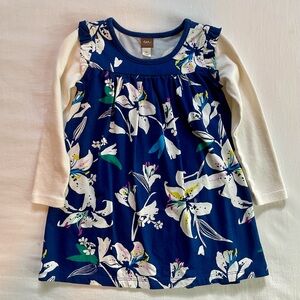 Tea Collection Floral Long Sleeve girls Dress - Blue and Cream